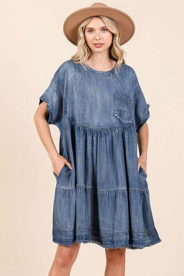 Mittoshop Washed Chambray Denim Oversized Tier Mini Dress - Hovatok