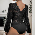 Perfee Lace Plunge Long Sleeve Bodysuit - Hovatok