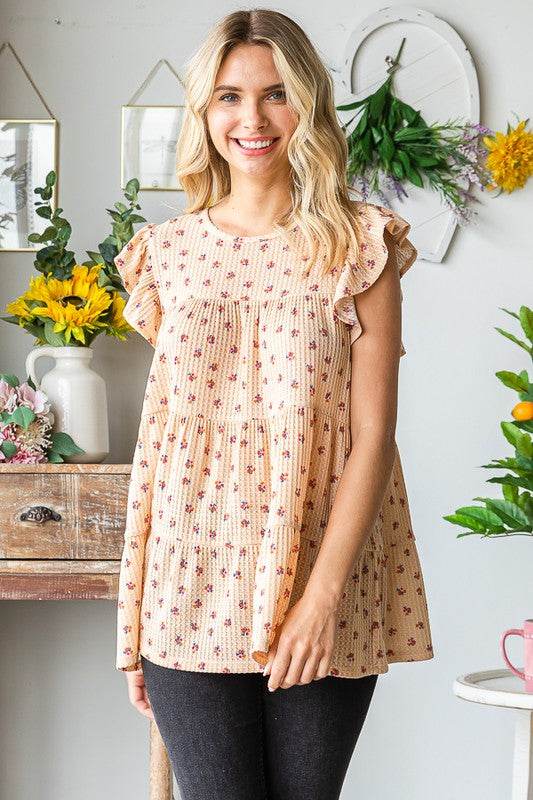 Heimish Full Size Butterfly Short Sleeve Round Neck Ditsy Floral Print Tiered Top Plus Size - Hovatok