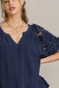 Umgee Full Size French Terry Boxy Cut Top with 3D Floral Sleeve Plus Size - Hovatok