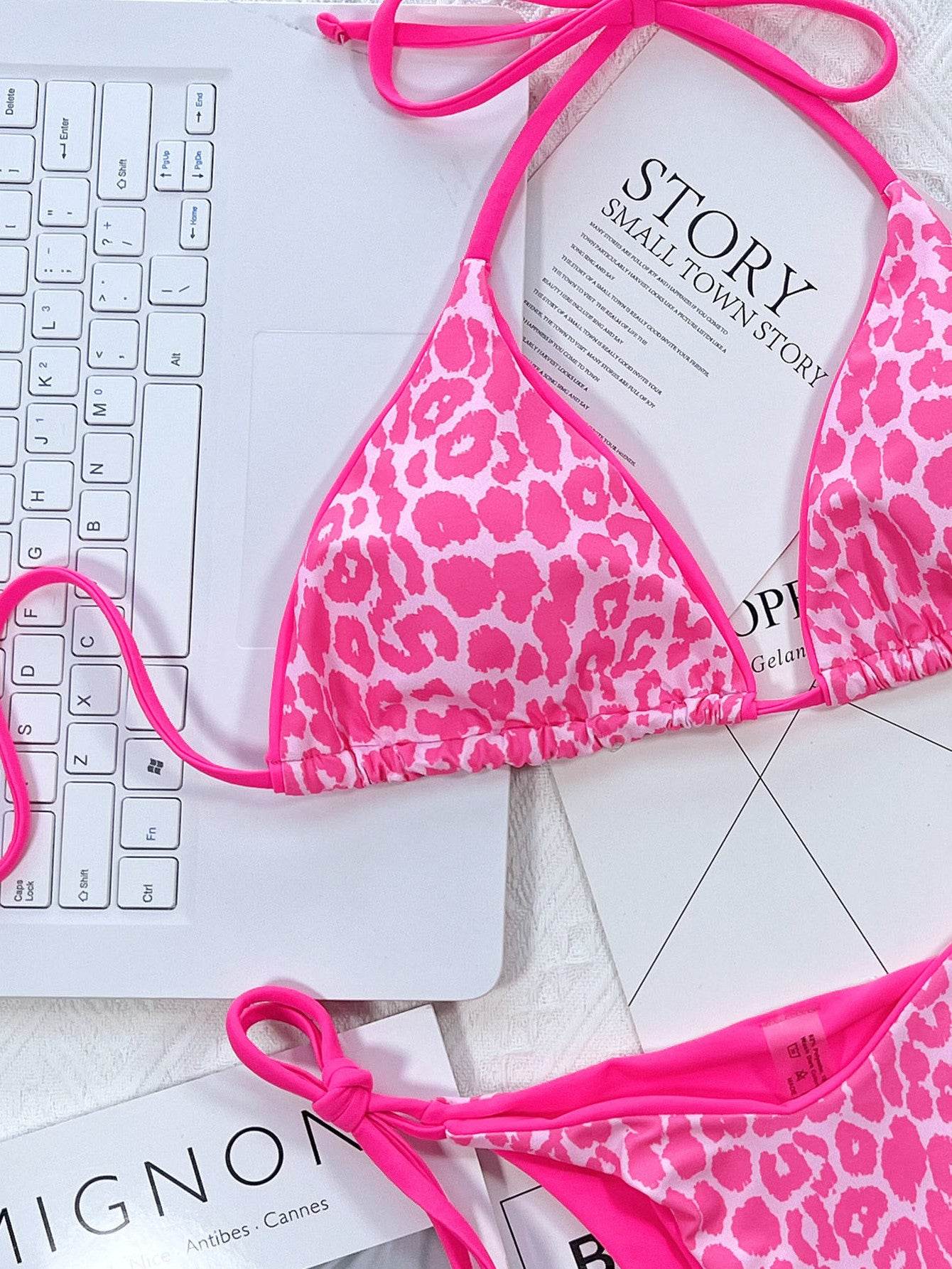 Leopard Print Halter Neck Tie Side Bikini Set - Hovatok