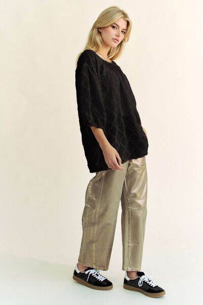Davi & Dani Tied Round Neck Mesh Blouse - Hovatok