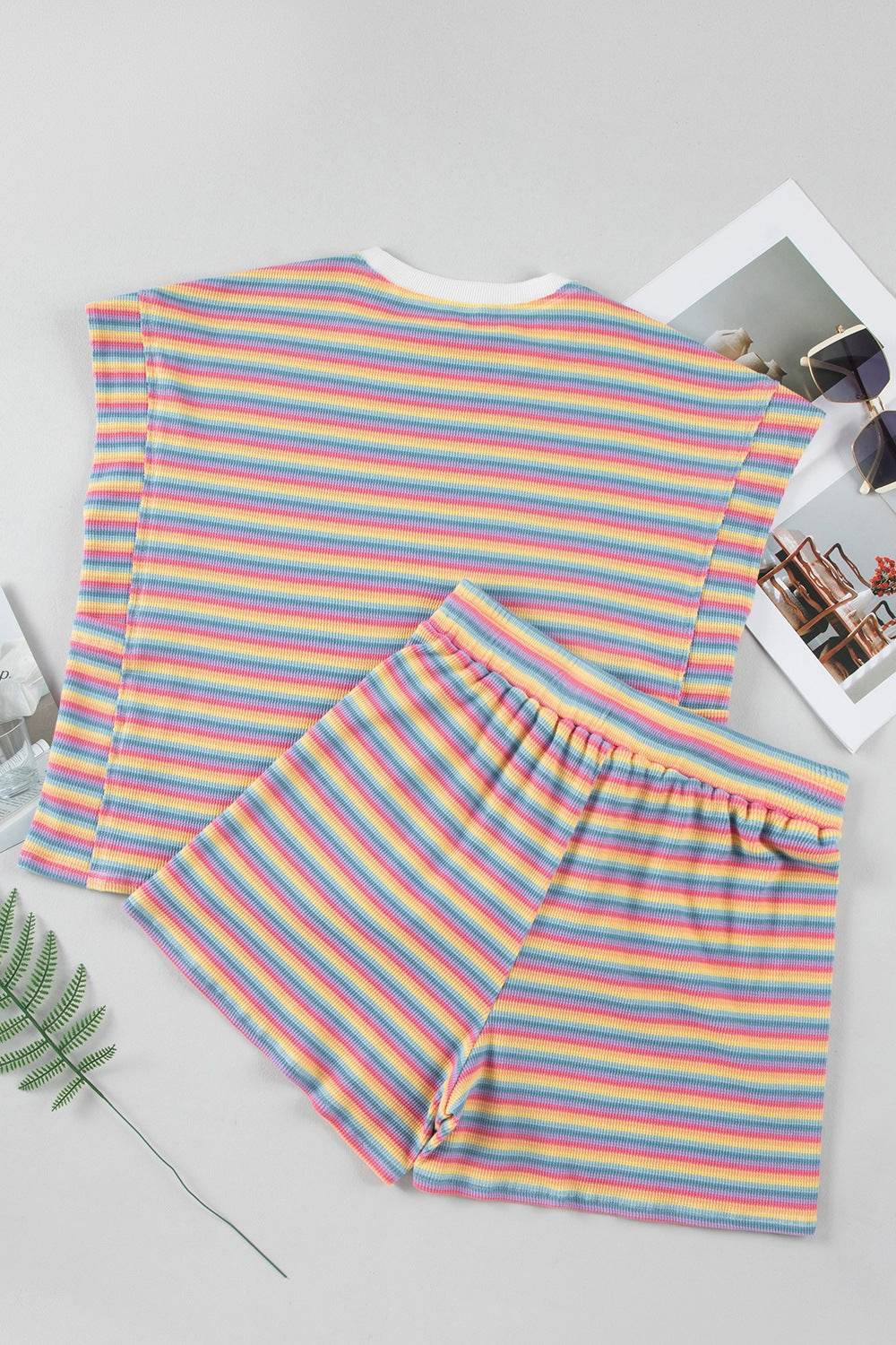 Striped Round Neck Top and Shorts Set - Hovatok