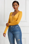 Half Zip Scoop Neck Long Sleeve Bodysuit - Hovatok