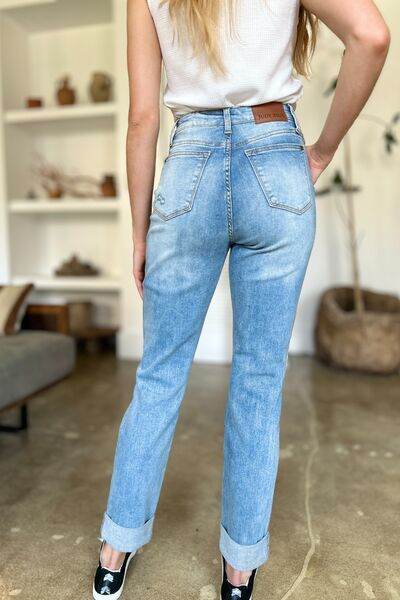 Judy Blue Full Size Distressed Straight Jeans with Patch Pockets - Hovatok