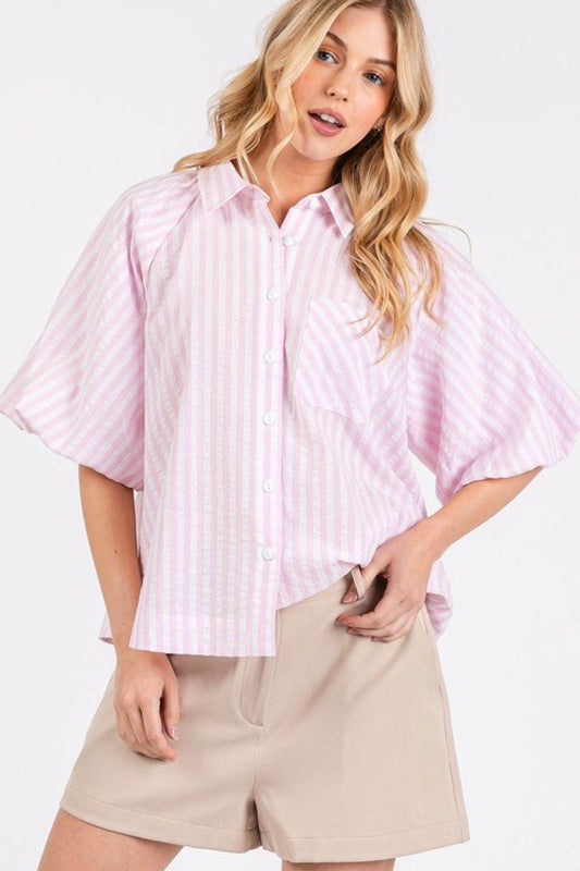 Mittoshop Button Down Striped Puff Sleeve Shirt - Hovatok