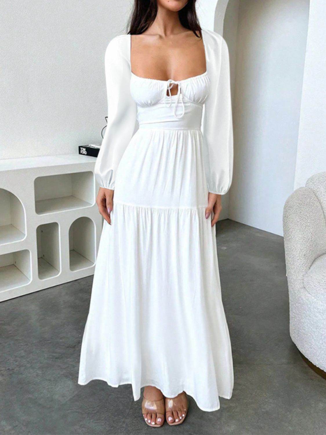 Devine Tie Front Long Sleeve Maxi Dress - Hovatok