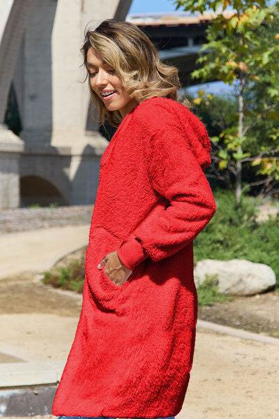 Double Take Full Size Hooded Teddy Bear Jacket with Thumbholes - Hovatok