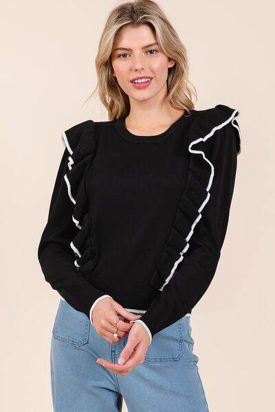 Mittoshop Contrast Trim Ruffled Round Neck Knit Top - Hovatok