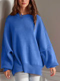 Double Take Side Slit Round Neck Long Sleeve Sweater - Hovatok