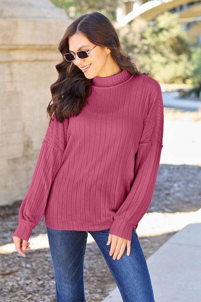 Basic Bae Full Size Ribbed Exposed Seam Mock Neck Knit Top - Hovatok