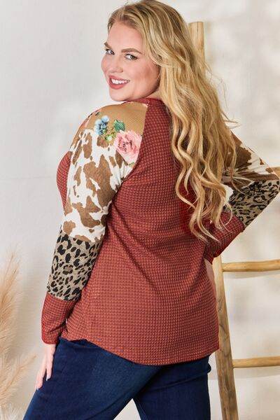 Hailey & Co Full Size Leopard Waffle-Knit Blouse - Hovatok