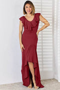 Ruffled V-Neck High-Low Dress - Hovatok