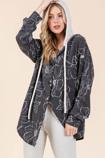 BOMBOM Drawstring Flower Print Button Up Shacket - Hovatok