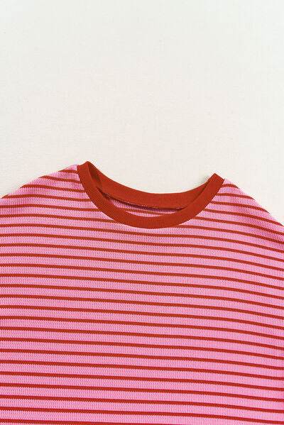 Contrast Striped Round Neck Short Sleeve T-Shirt - Hovatok