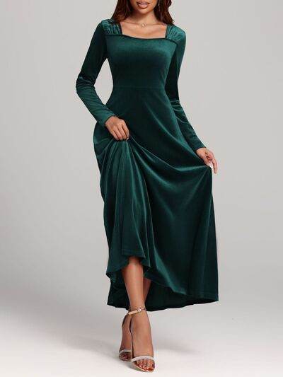 Square Neck Long Sleeve Velvet Dress - Hovatok