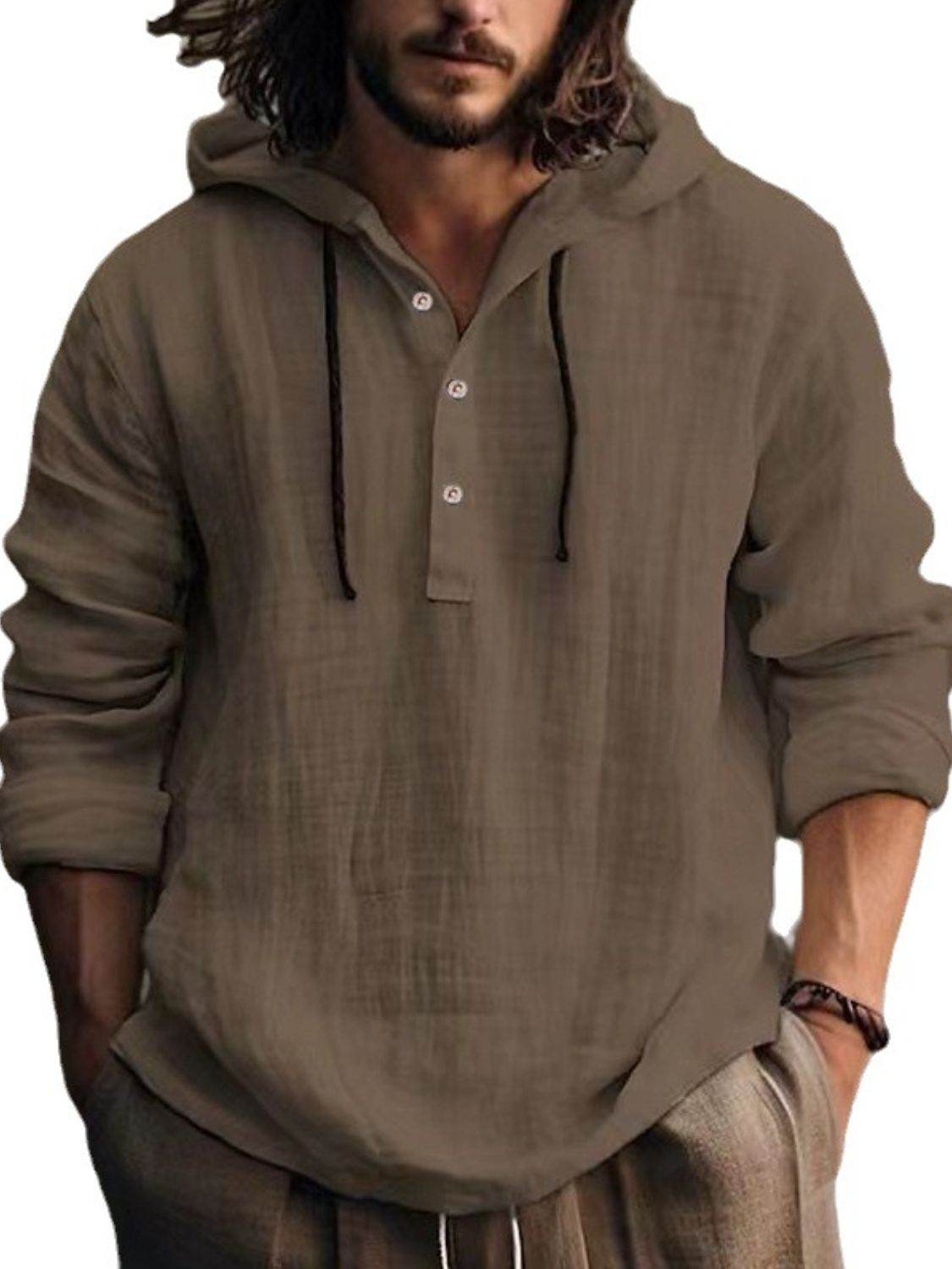 Men's Full Size Half Button Long Sleeve Hoodie - Hovatok