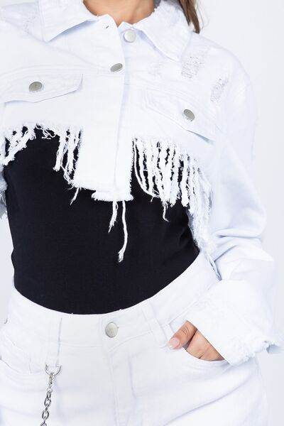 American Bazi Distressed Denim Jacket with Frayed Hem - Hovatok