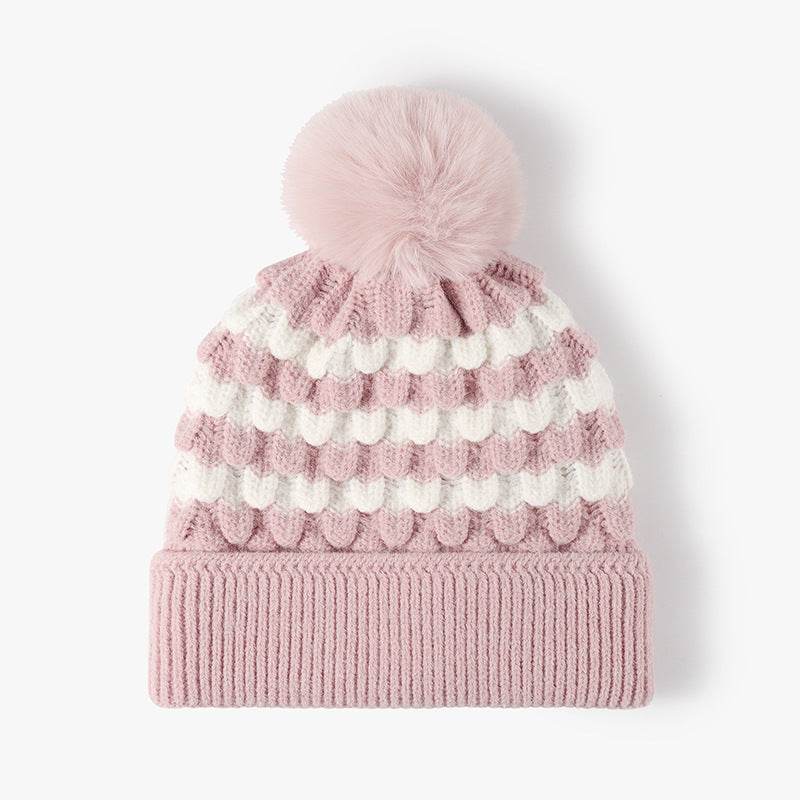 Striped Contrast Knit Hat with Pom-pom - Hovatok