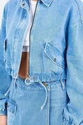 American Bazi Drawstring Waist Crop Denim Jacket - Hovatok