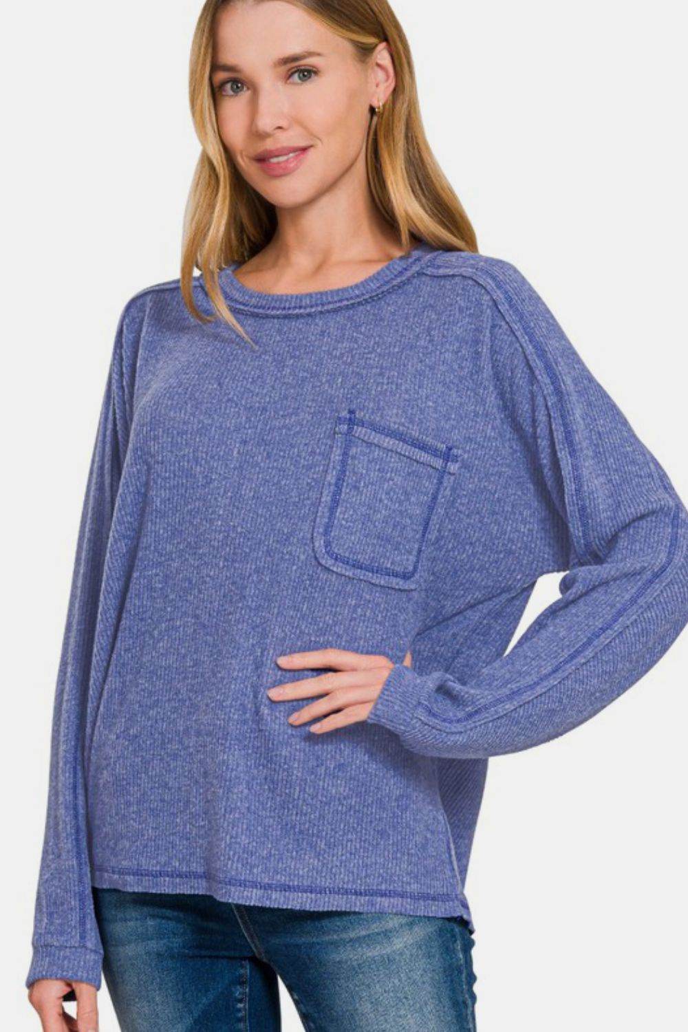 Zenana Full Size Contrast Stitching Brushed Ribbed Hacci Knit Top - Hovatok
