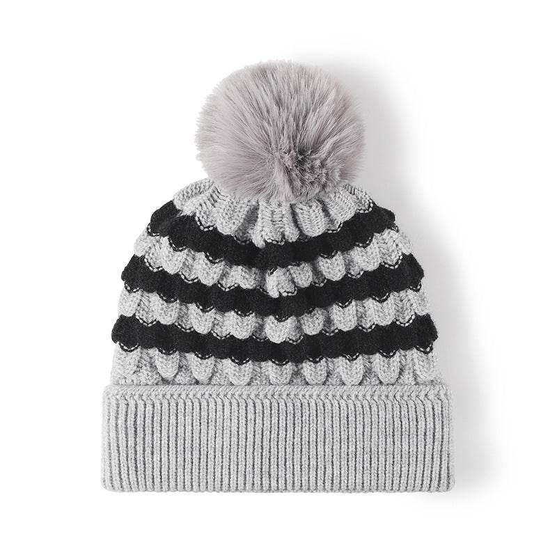 Striped Contrast Knit Hat with Pom-pom - Hovatok