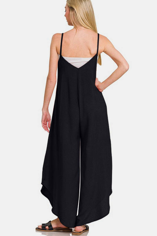 Zenana Spaghetti Strap Wide Leg Overalls with Pockets - Hovatok