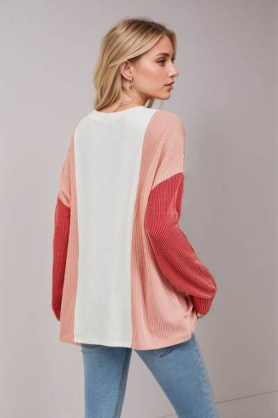 Double Take Texture Contrast Round Neck Long Sleeve T-Shirt - Hovatok