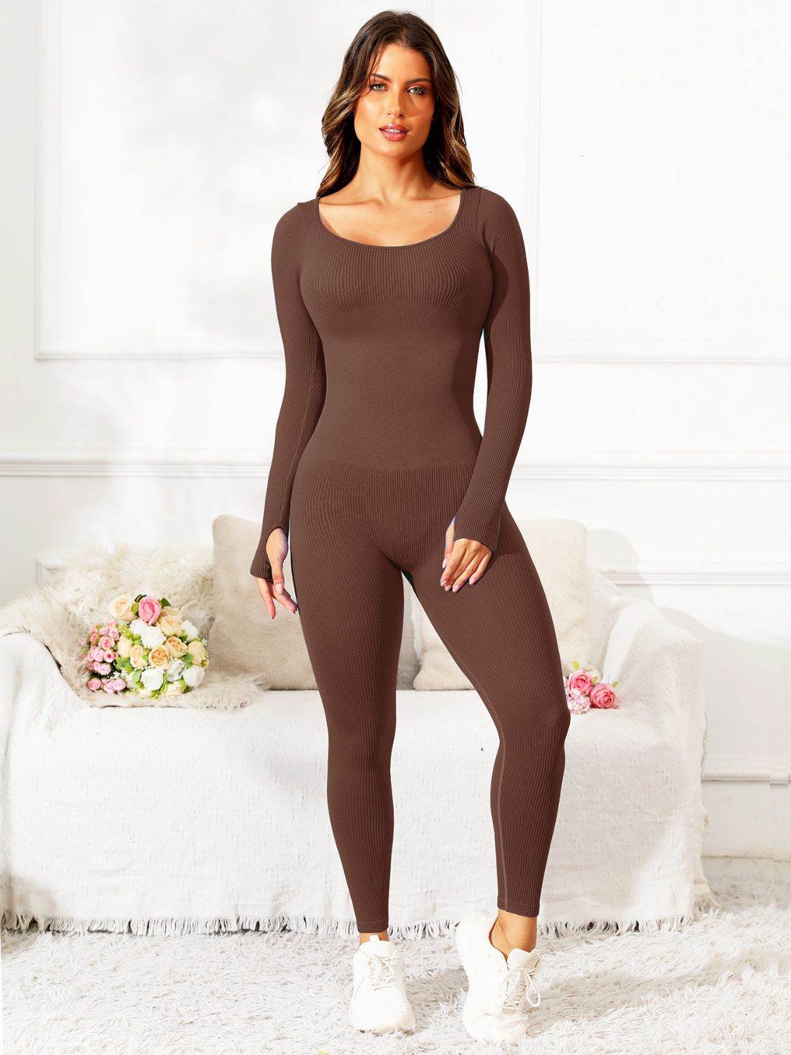 Scoop Neck Long Sleeve Active Jumpsuit - Hovatok