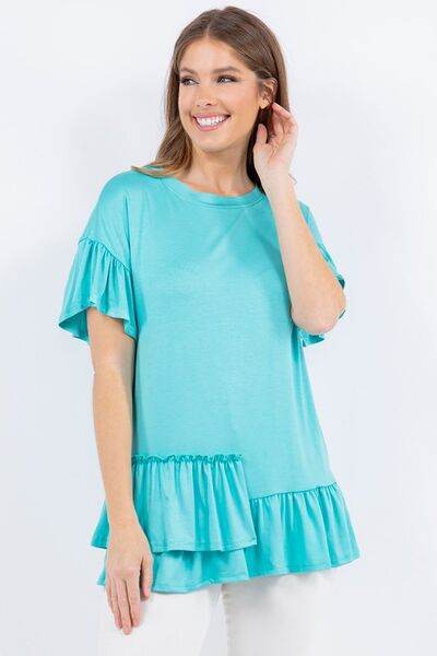 Celeste Full Size Ruffle Detail Asymmetrical Top Plus Size - Hovatok