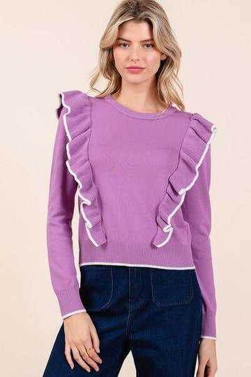 Mittoshop Contrast Trim Ruffled Round Neck Knit Top - Hovatok