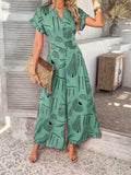 Devine Printed Notched Short Sleeve Wide Leg Jumpsuit - Hovatok