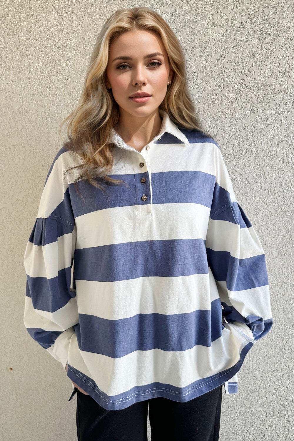 Oh Pima Cotton Wash Wide Striped Collared Neck Long Sleeve Top - Hovatok