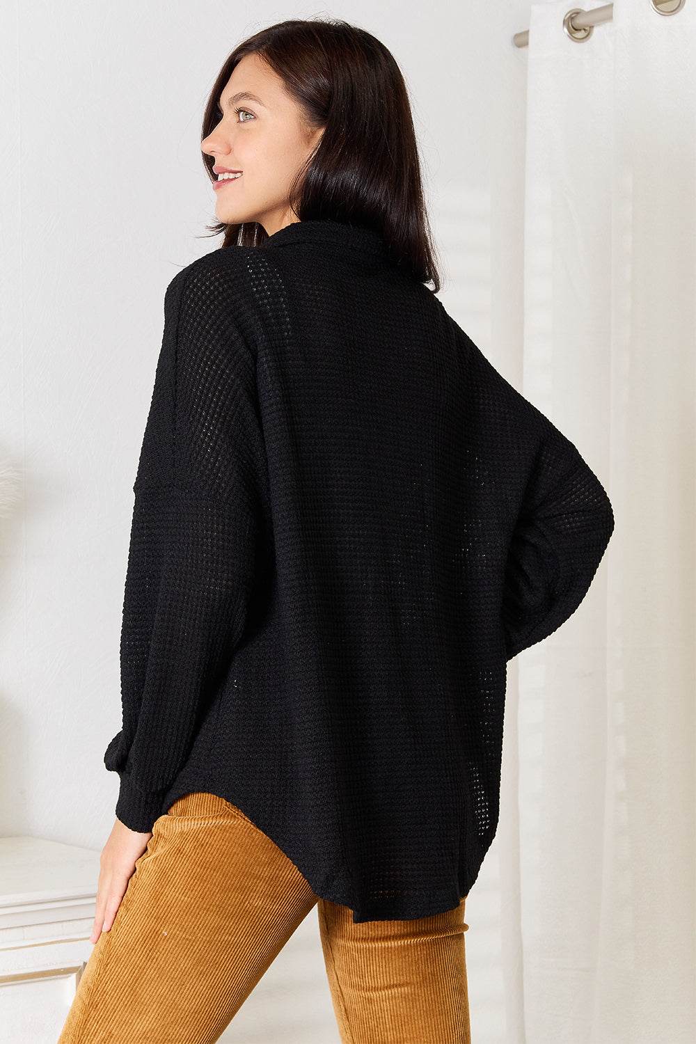 Double Take Waffle-Knit Collared Neck Dropped Shoulder Shirt - Hovatok