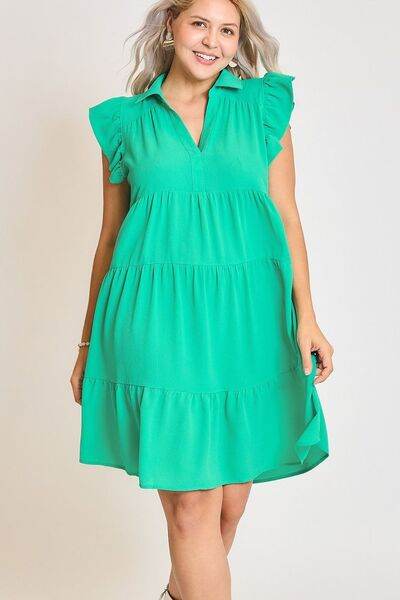 Umgee Full Size Johnny Collar Ruffle Cap Sleeve Tiered Dress Plus Size - Hovatok