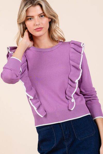 Mittoshop Contrast Trim Ruffled Round Neck Knit Top - Hovatok