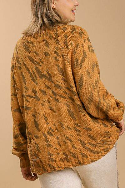 Umgee Full Size Animal Print Round Neck Distressed Detail Sweater Plus Size - Hovatok