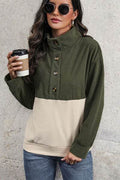 Perfee Ribbed Color Block Half Button Sweatshirt - Hovatok