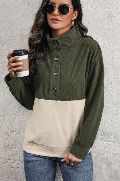 Perfee Ribbed Color Block Half Button Sweatshirt - Hovatok