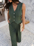 Devine Button Down Vest and Wide Leg Pants Set - Hovatok