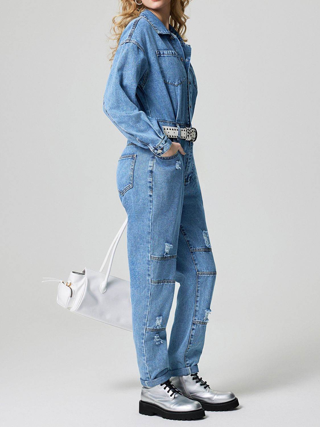 Distressed Button Down Drop Shoulder Denim Jumpsuit - Hovatok