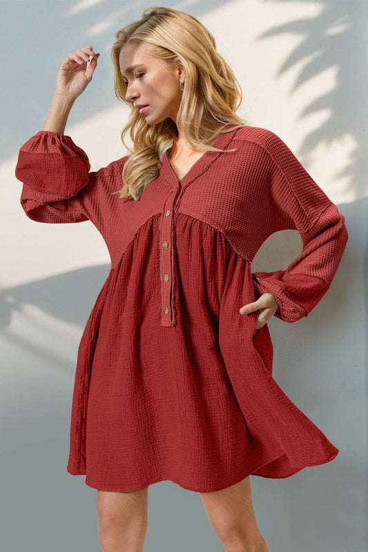 Double Take Waffle-Knit Contrast Half Button V-Neck Long Sleeve Mini Dress - Hovatok