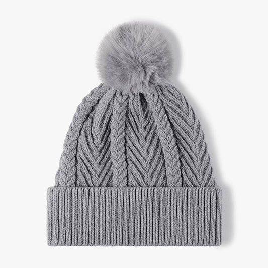 Cable Knit Solid Color Hat with Pompom - Hovatok