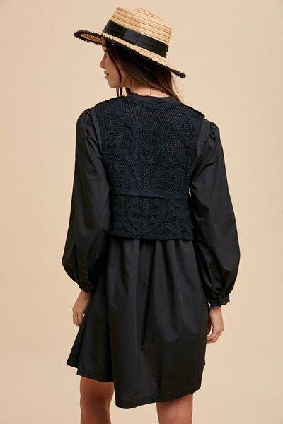 Annie Wear Crochet Vest Notched Long Sleeve Shirt Dress - Hovatok