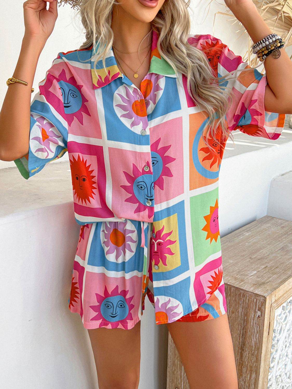 Devine Printed Button Down Shirt and Shorts Set - Hovatok