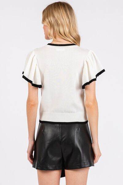 Mittoshop Contrast Trim Ruffled Cap Sleeve Knit Top - Hovatok