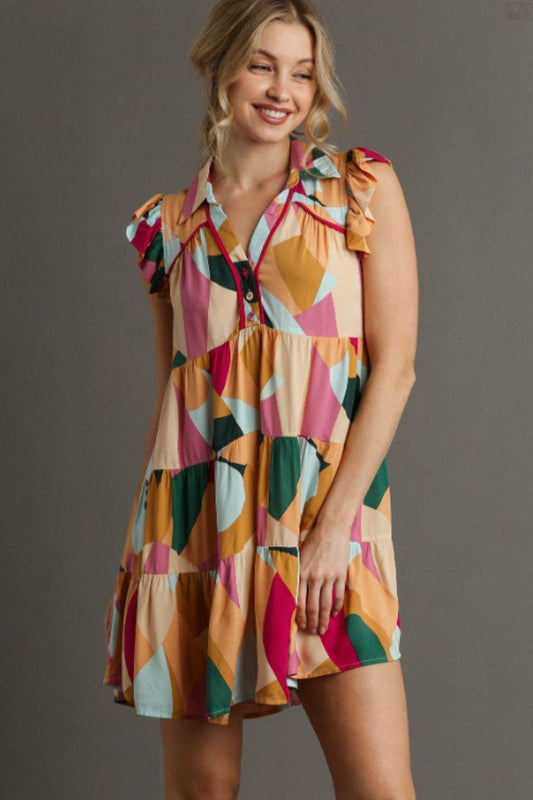 Umgee Full Size Button Detail Ruffle Sleeve Mini Dress Plus Size - Hovatok