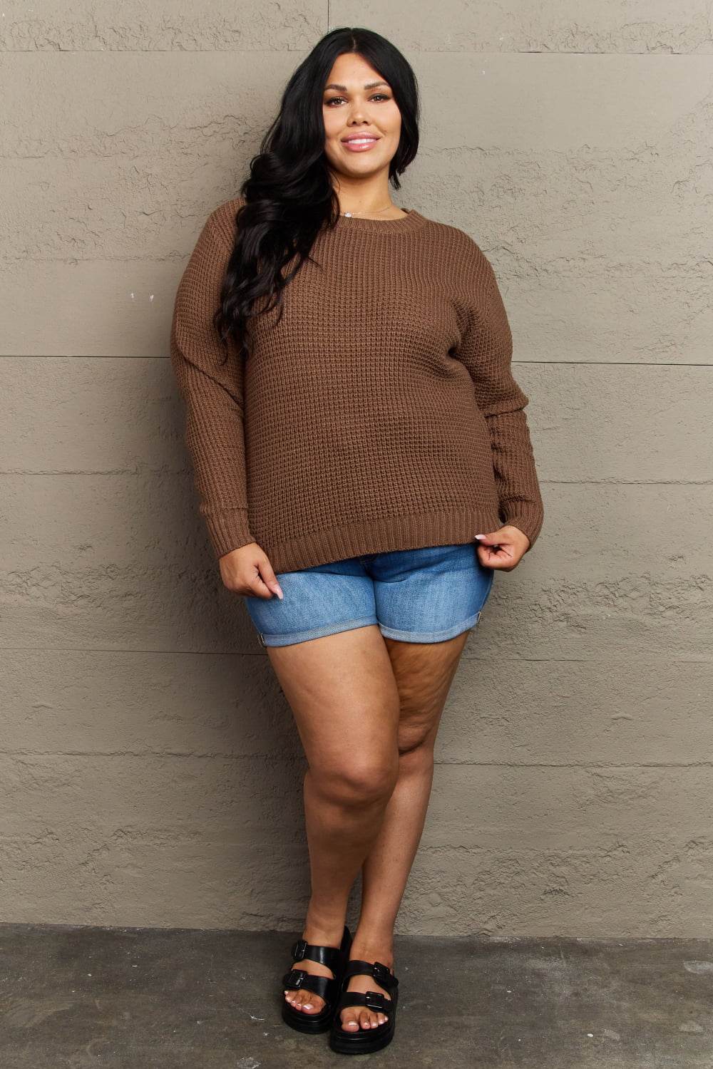 Zenana Breezy Days Plus Size High Low Waffle Knit Sweater - Hovatok