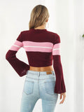 Ribbed Color Block Round Neck Cropped Sweater - Hovatok