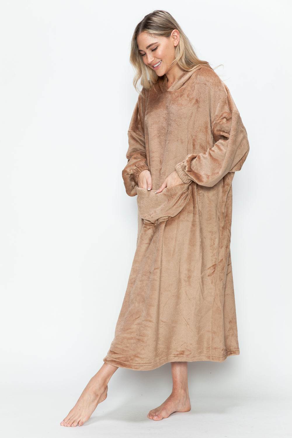 Double Take Full Size Pocketed Hooded Midi Lounge Dress - Hovatok